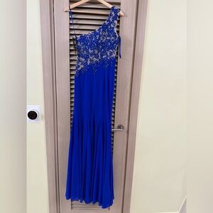 Macys Xscape Prom Neocoblt Royal Blue Rhinestones Lace Chiffon Maxi Dress 4 $259